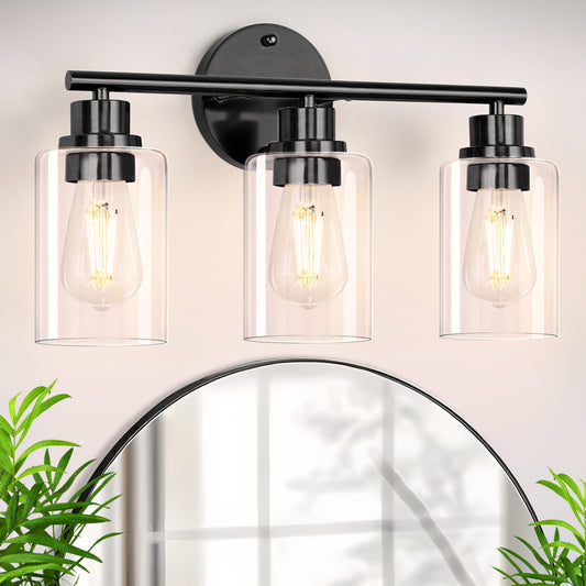 YANSUN 3-Light Black Vanity Wall Light, Transparent Glass Shades, Non-Integrated E26 Bulbs, Modern Bathroom & Bedroom Lighting, US Standard