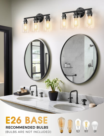 YANSUN 3-Light Black Vanity Wall Light, Transparent Glass Shades, Non-Integrated E26 Bulbs, Modern Bathroom & Bedroom Lighting, US Standard