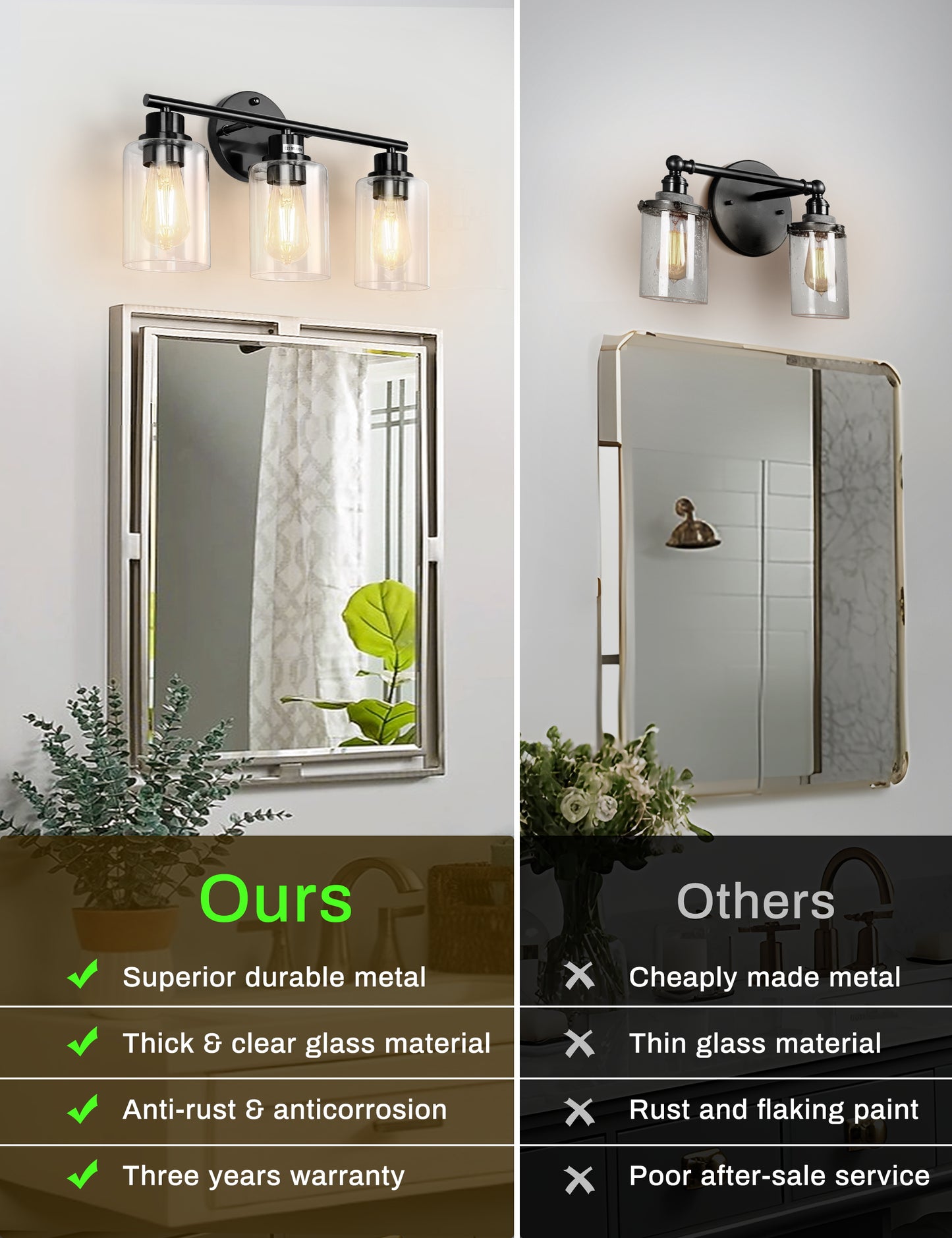 YANSUN 3-Light Black Vanity Wall Light, Transparent Glass Shades, Non-Integrated E26 Bulbs, Modern Bathroom & Bedroom Lighting, US Standard