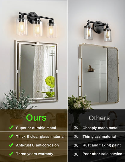 YANSUN 3-Light Black Vanity Wall Light, Transparent Glass Shades, Non-Integrated E26 Bulbs, Modern Bathroom & Bedroom Lighting, US Standard