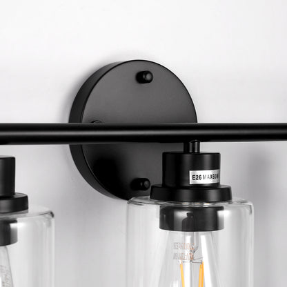 YANSUN 3-Light Black Vanity Wall Light, Transparent Glass Shades, Non-Integrated E26 Bulbs, Modern Bathroom & Bedroom Lighting, US Standard