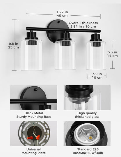 YANSUN 3-Light Black Vanity Wall Light, Transparent Glass Shades, Non-Integrated E26 Bulbs, Modern Bathroom & Bedroom Lighting, US Standard