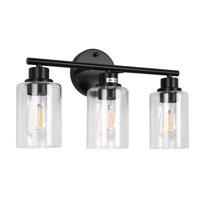 YANSUN 3-Light Black Vanity Wall Light, Transparent Glass Shades, Non-Integrated E26 Bulbs, Modern Bathroom & Bedroom Lighting, US Standard