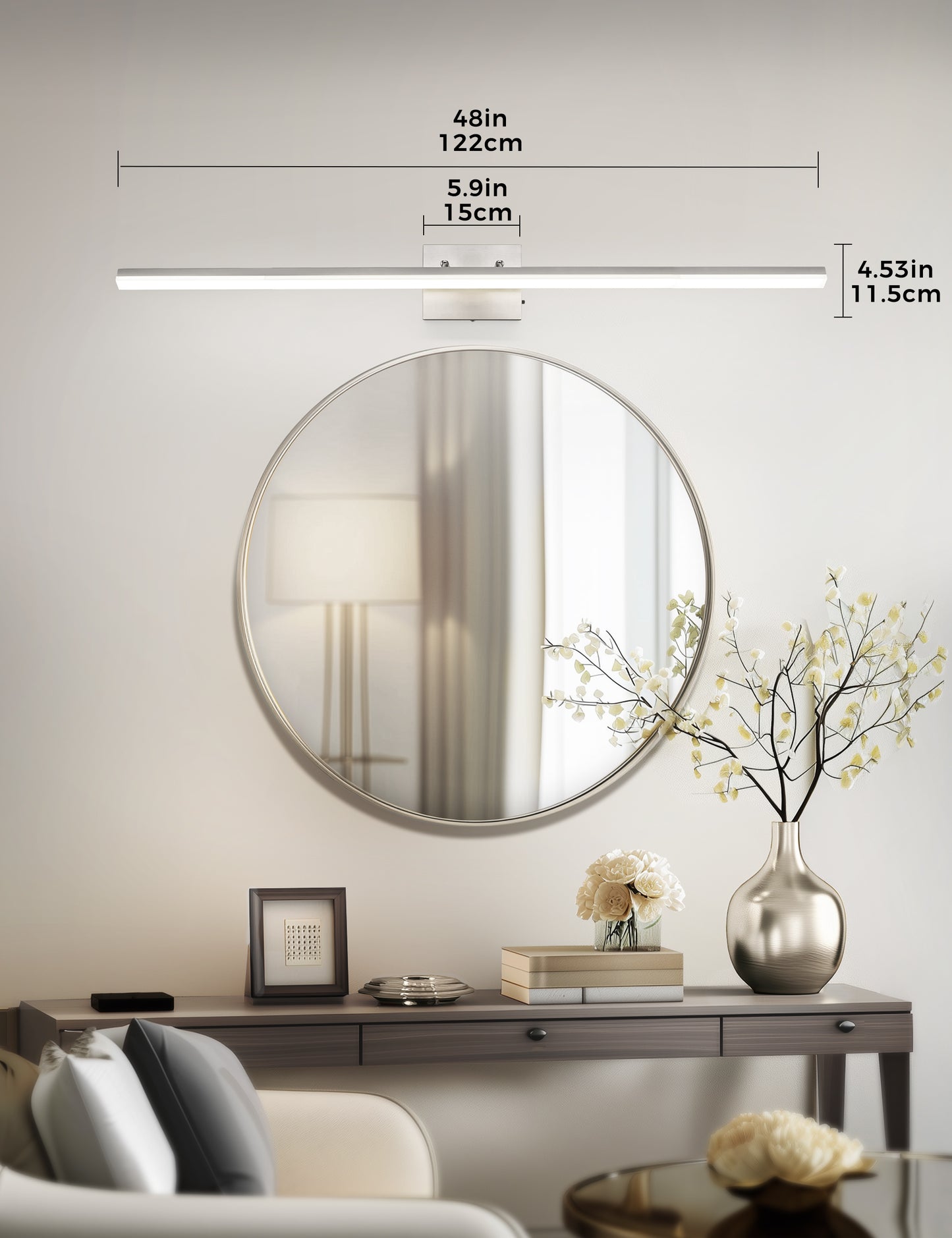 YANSUN 24-Watt 1-Light Nickel Integrated LED Vanity Light, 48 in. Modern Adjustable Wall Sconce for Bathroom or Various