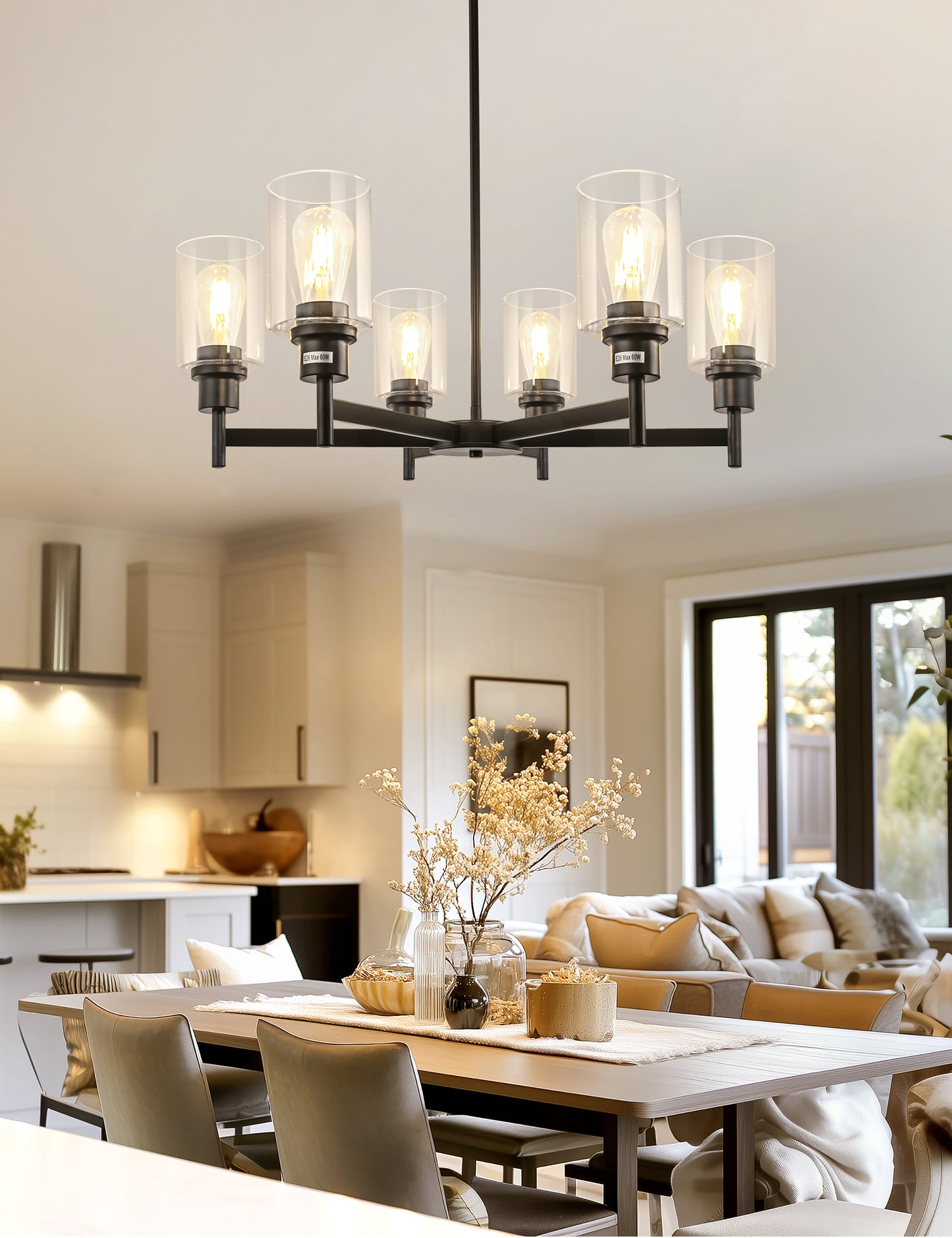 YANSUN 6-Light Black Candle Chandelier with Clear Glass Shades Modern Farmhouse Ceiling Light Fixture E26 for Dining Room Living Room