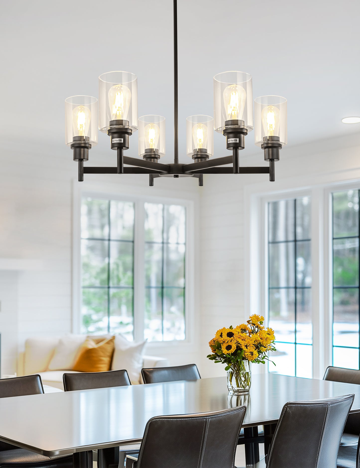 YANSUN 6-Light Black Candle Chandelier with Clear Glass Shades Modern Farmhouse Ceiling Light Fixture E26 for Dining Room Living Room