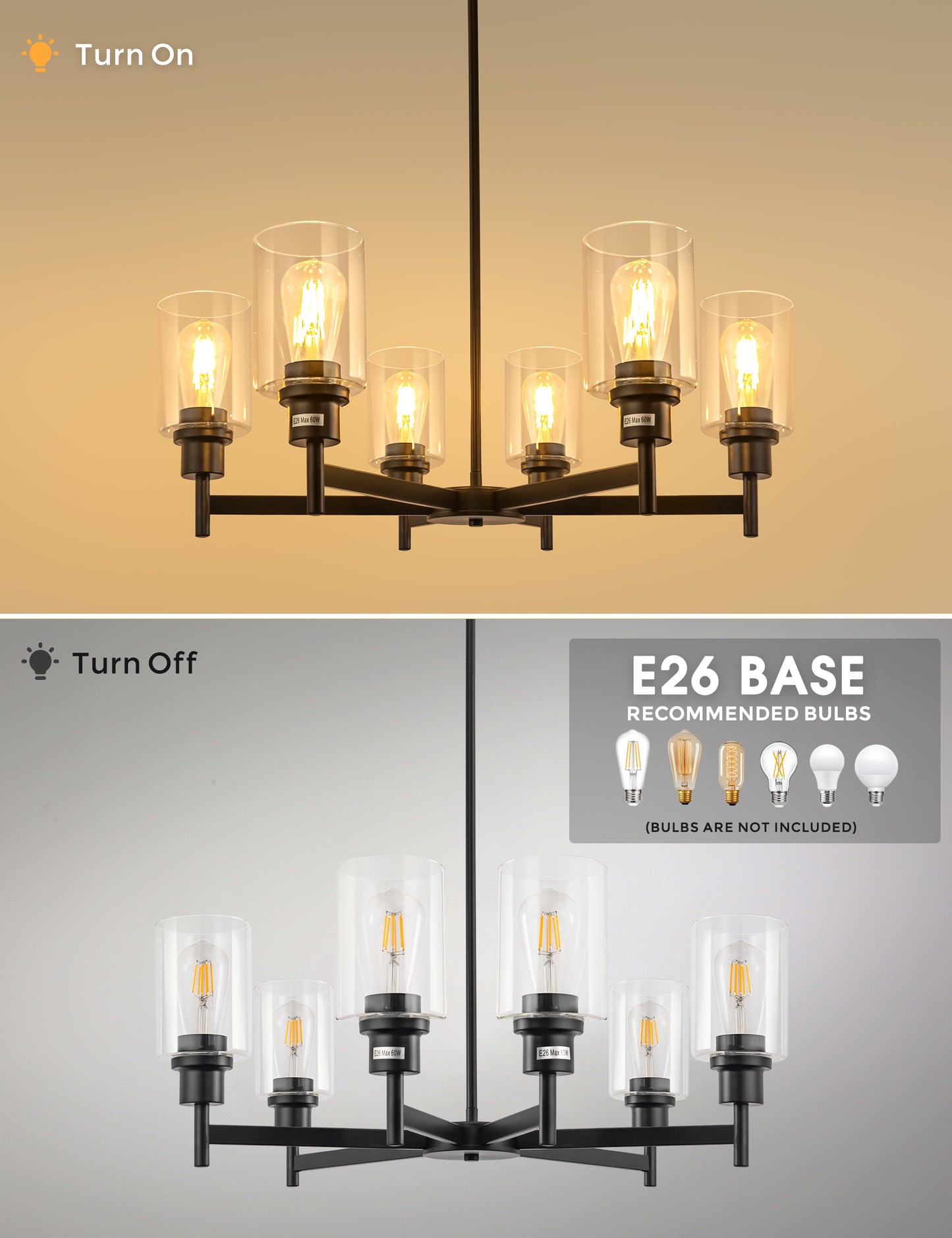 YANSUN 6-Light Black Candle Chandelier with Clear Glass Shades Modern Farmhouse Ceiling Light Fixture E26 for Dining Room Living Room