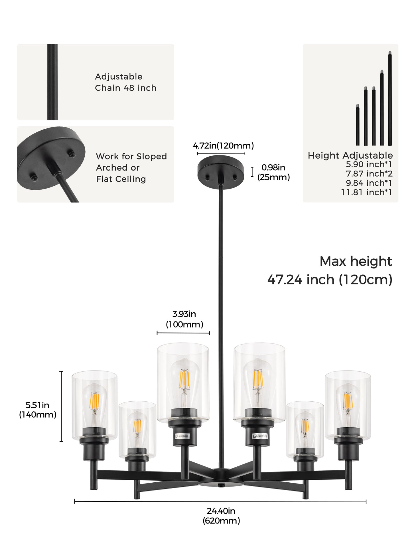 YANSUN 6-Light Black Candle Chandelier with Clear Glass Shades Modern Farmhouse Ceiling Light Fixture E26 for Dining Room Living Room