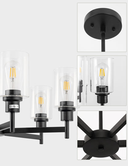 YANSUN 6-Light Black Candle Chandelier with Clear Glass Shades Modern Farmhouse Ceiling Light Fixture E26 for Dining Room Living Room
