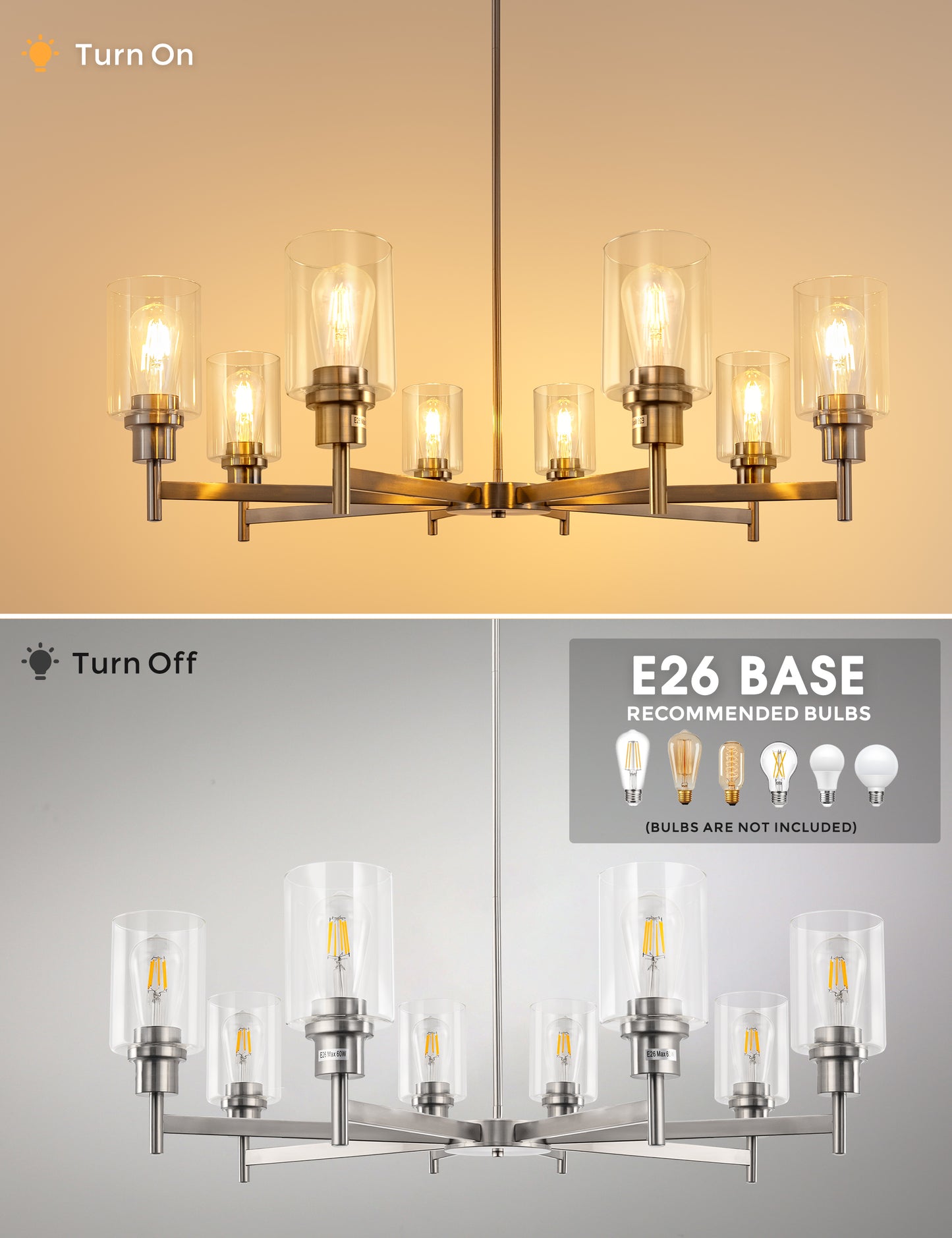 YANSUN 8-Light Brushed Nickel Industrial Chandelier with Clear Glass Cylinder Shades, perfect for Dining Room and Living Room
