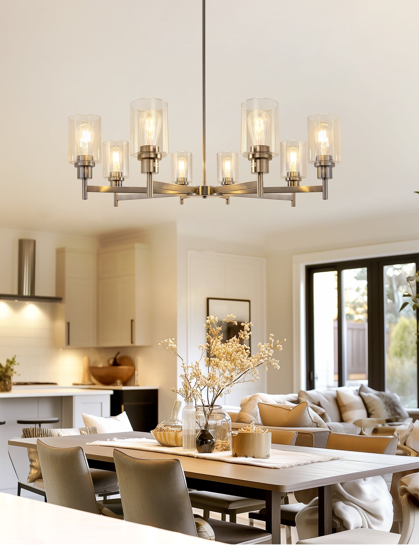 YANSUN 8-Light Brushed Nickel Industrial Chandelier with Clear Glass Cylinder Shades, perfect for Dining Room and Living Room