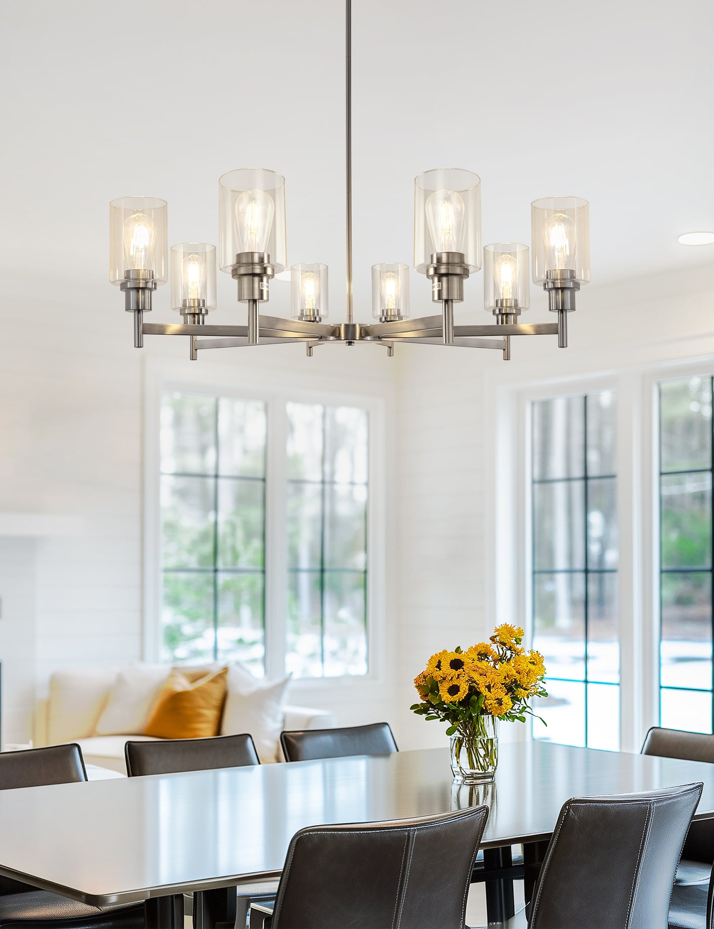 YANSUN 8-Light Brushed Nickel Industrial Chandelier with Clear Glass Cylinder Shades, perfect for Dining Room and Living Room