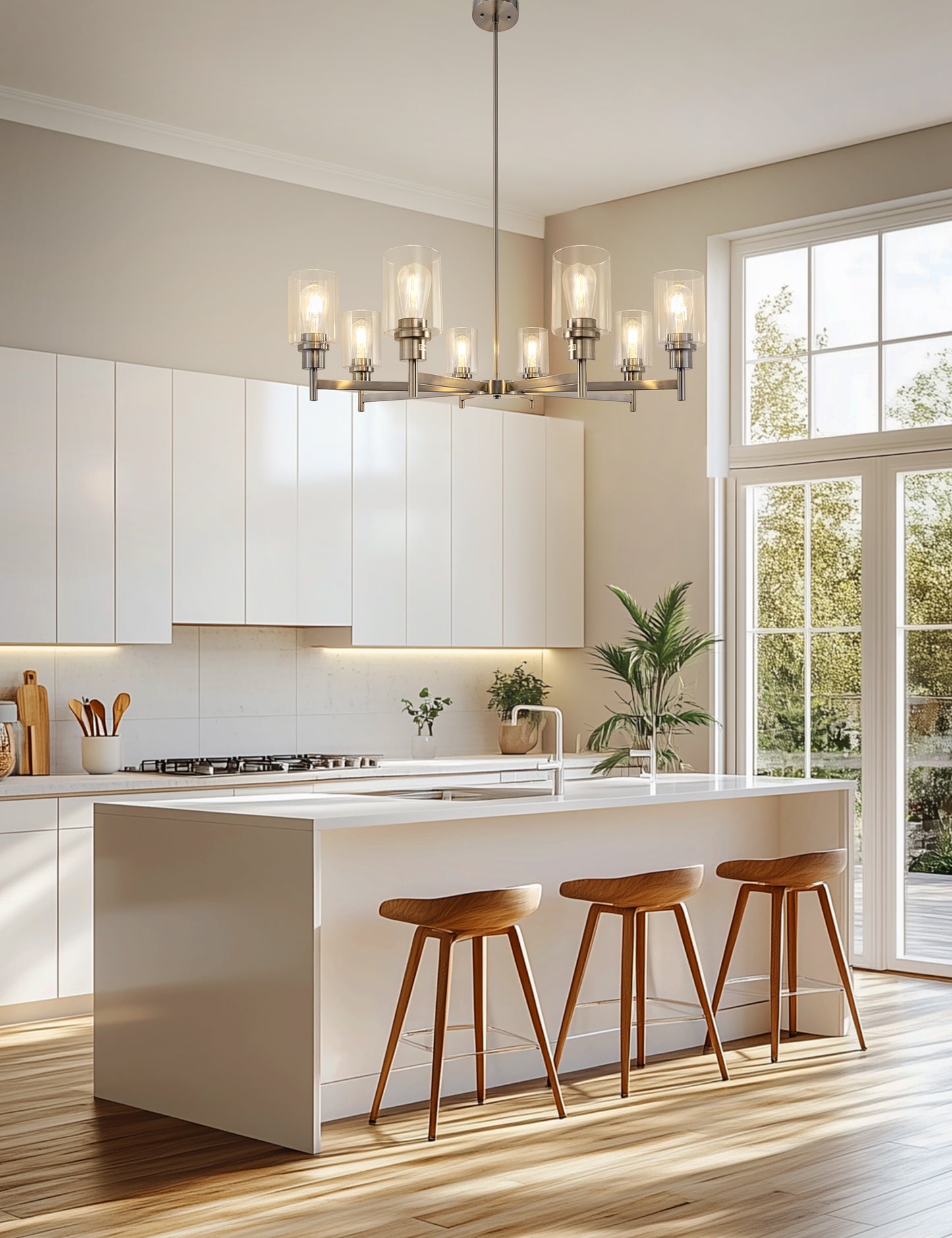 YANSUN 8-Light Brushed Nickel Industrial Chandelier with Clear Glass Cylinder Shades, perfect for Dining Room and Living Room