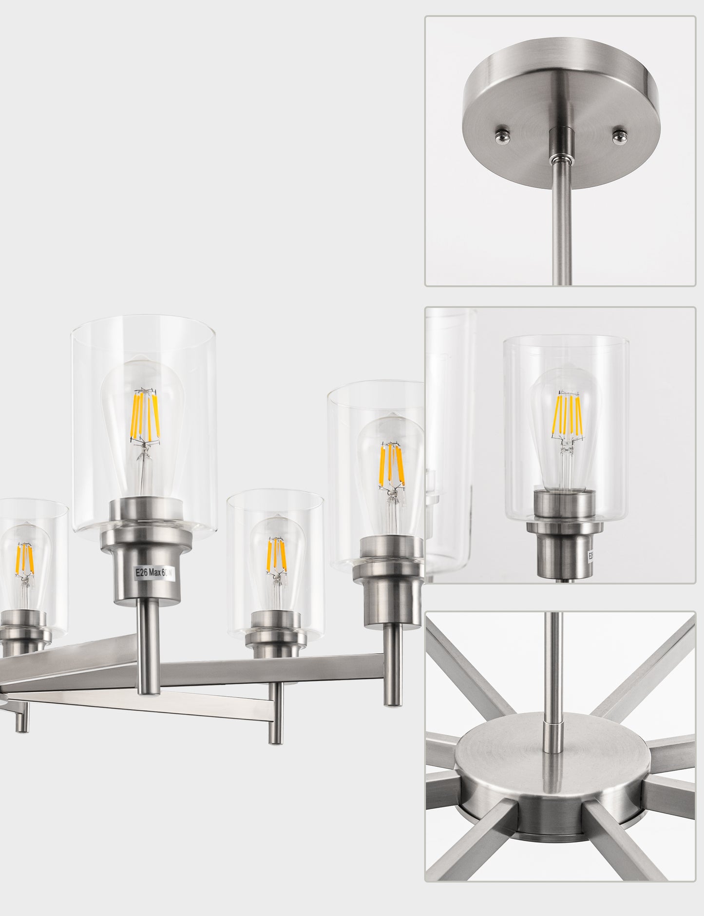 YANSUN 8-Light Brushed Nickel Industrial Chandelier with Clear Glass Cylinder Shades, perfect for Dining Room and Living Room