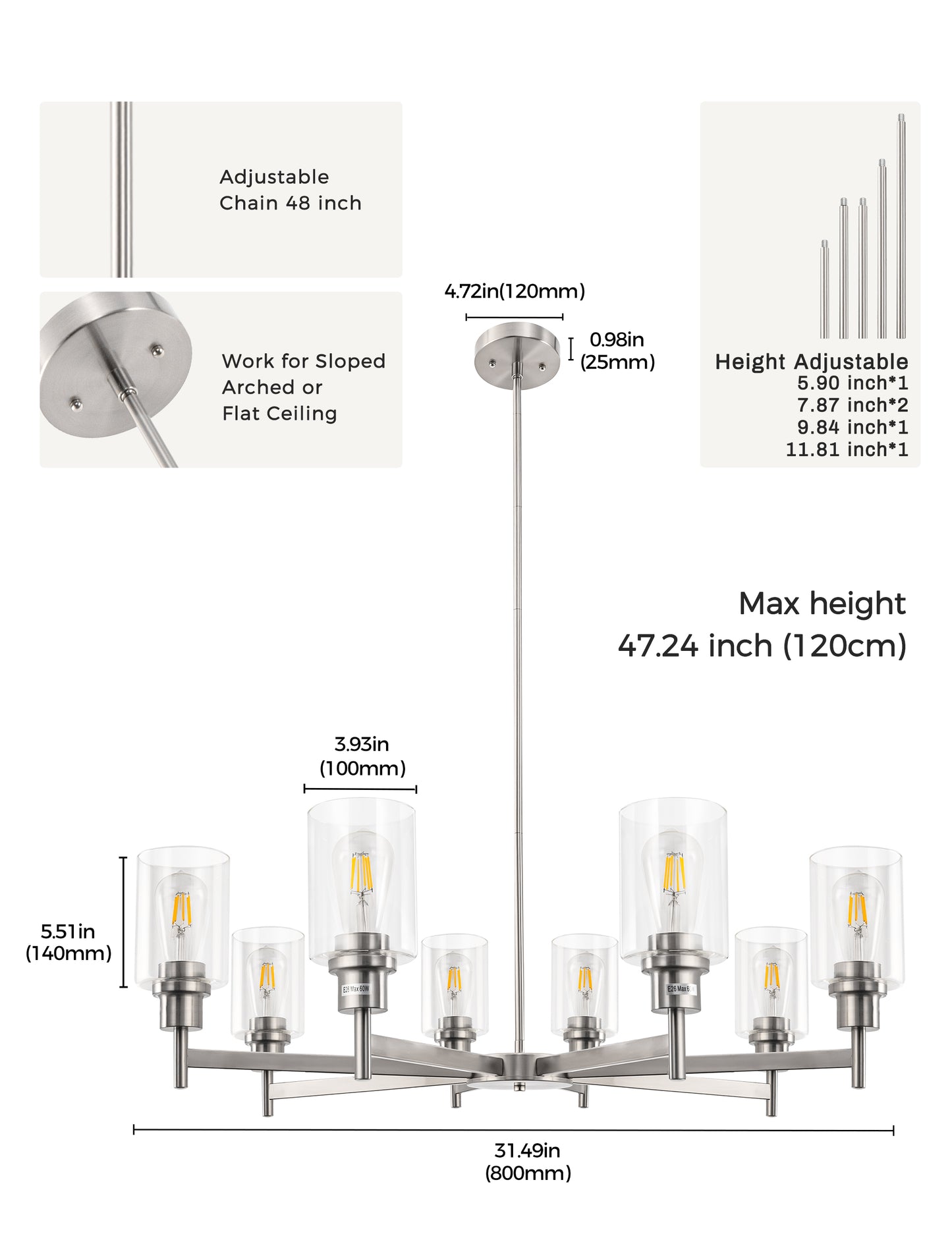 YANSUN 8-Light Brushed Nickel Industrial Chandelier with Clear Glass Cylinder Shades, perfect for Dining Room and Living Room