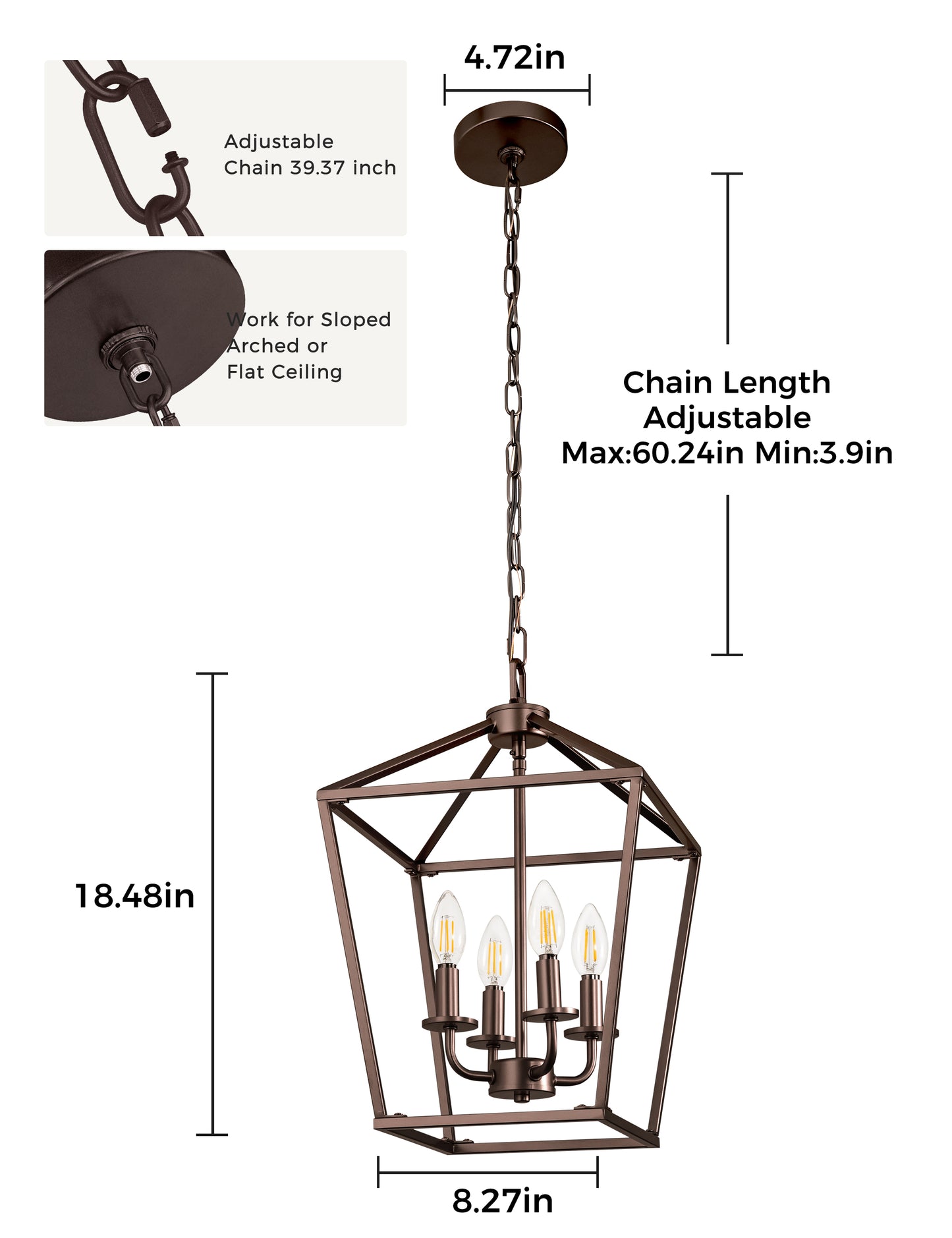YANSUN 4-Light Farmhouse Iron Birdcage Oil Rubbed Bronze Chandelier with Metal Latern Shade, for Kitchen Dining Room