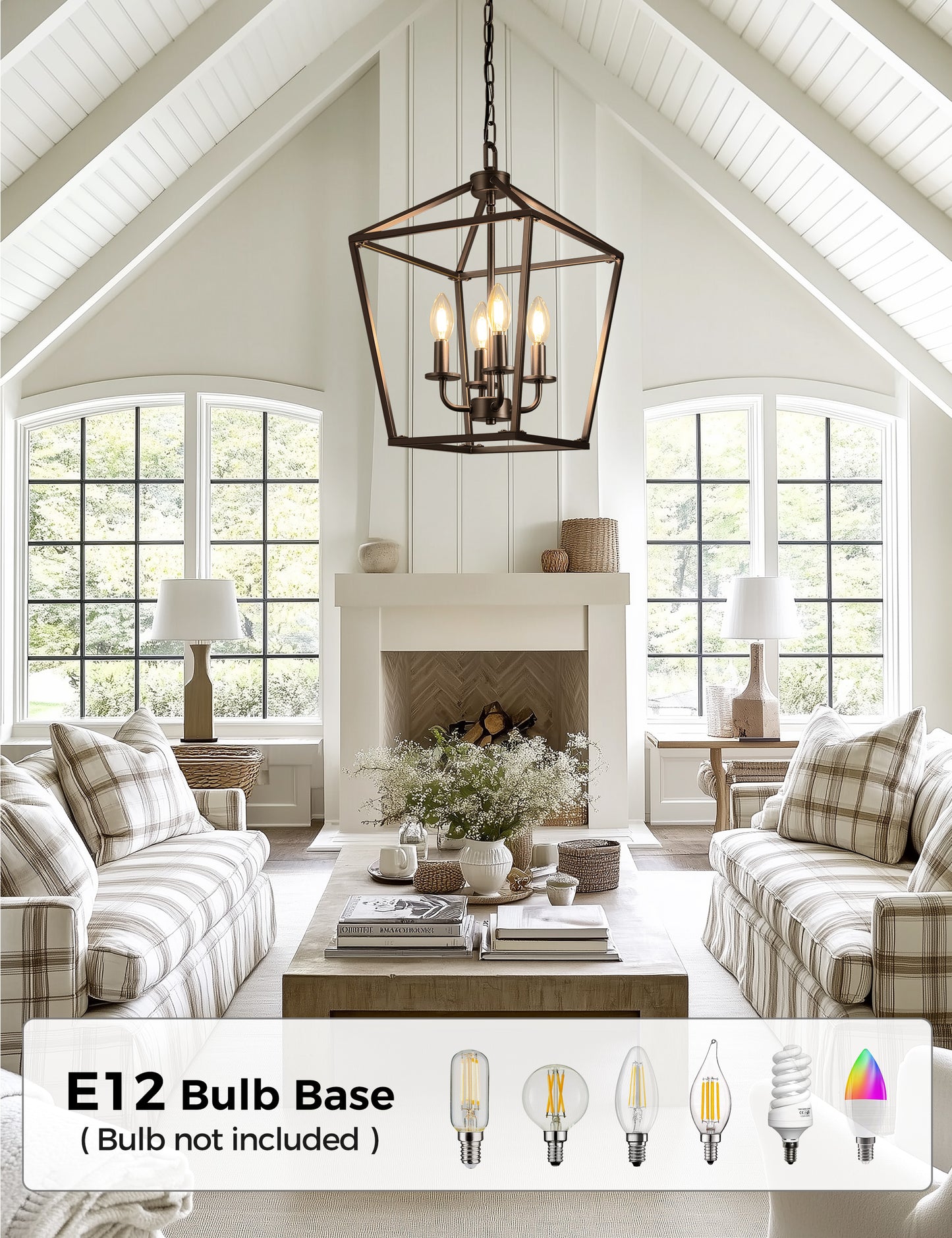 YANSUN 4-Light Farmhouse Iron Birdcage Oil Rubbed Bronze Chandelier with Metal Latern Shade, for Kitchen Dining Room