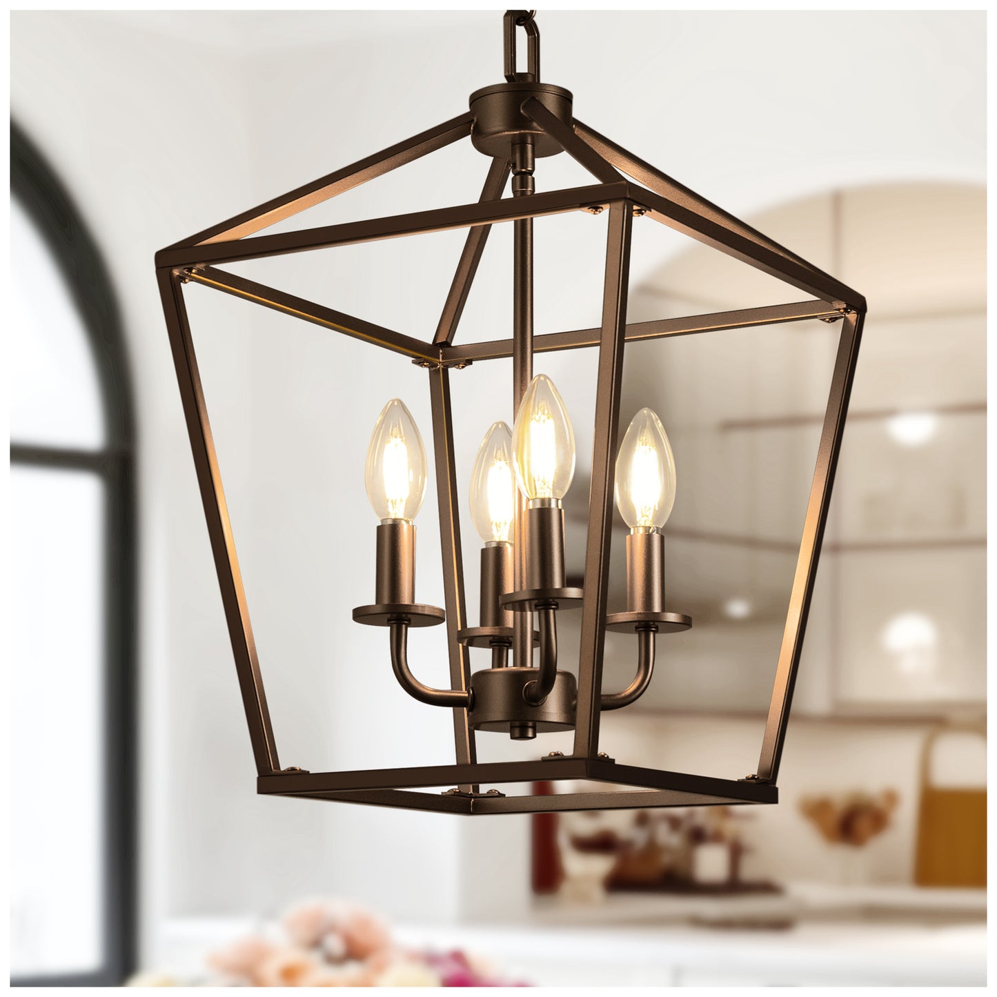 YANSUN 4-Light Farmhouse Iron Birdcage Oil Rubbed Bronze Chandelier with Metal Latern Shade, for Kitchen Dining Room