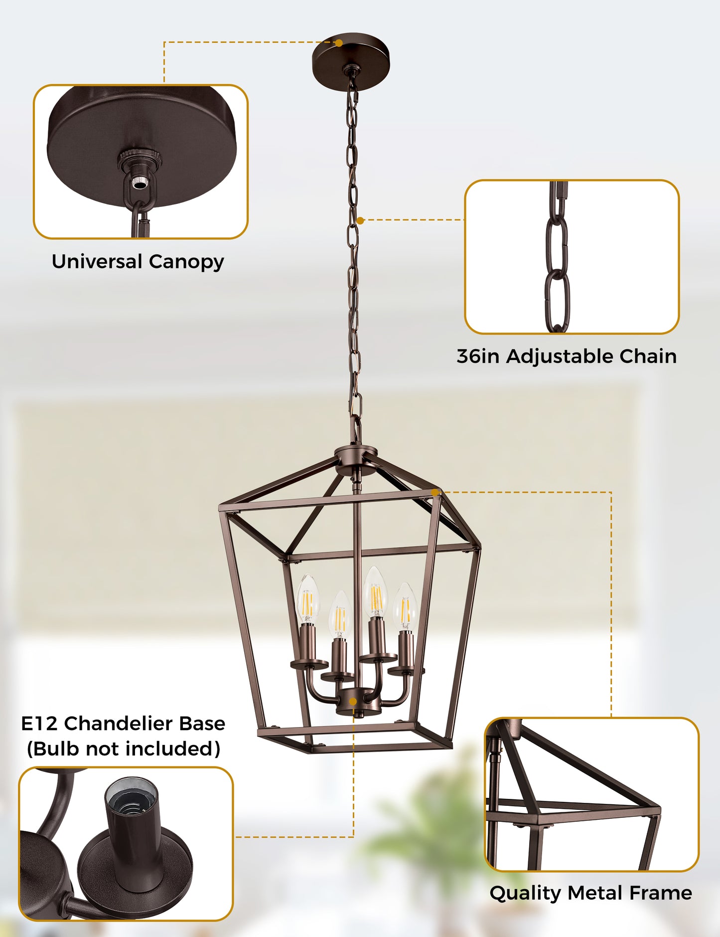 YANSUN 4-Light Farmhouse Iron Birdcage Oil Rubbed Bronze Chandelier with Metal Latern Shade, for Kitchen Dining Room