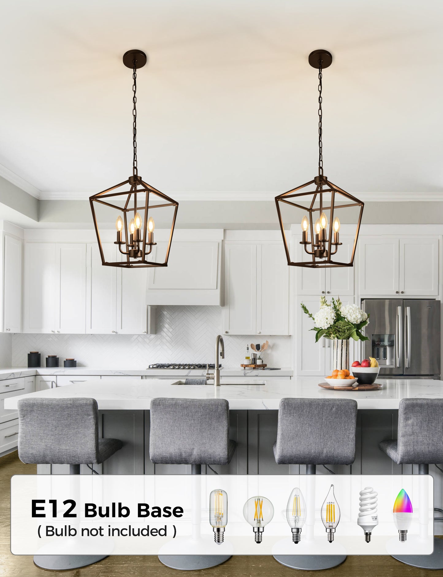 YANSUN 4-Light Farmhouse Iron Birdcage Oil Rubbed Bronze Chandelier with Metal Latern Shade, for Kitchen Dining Room