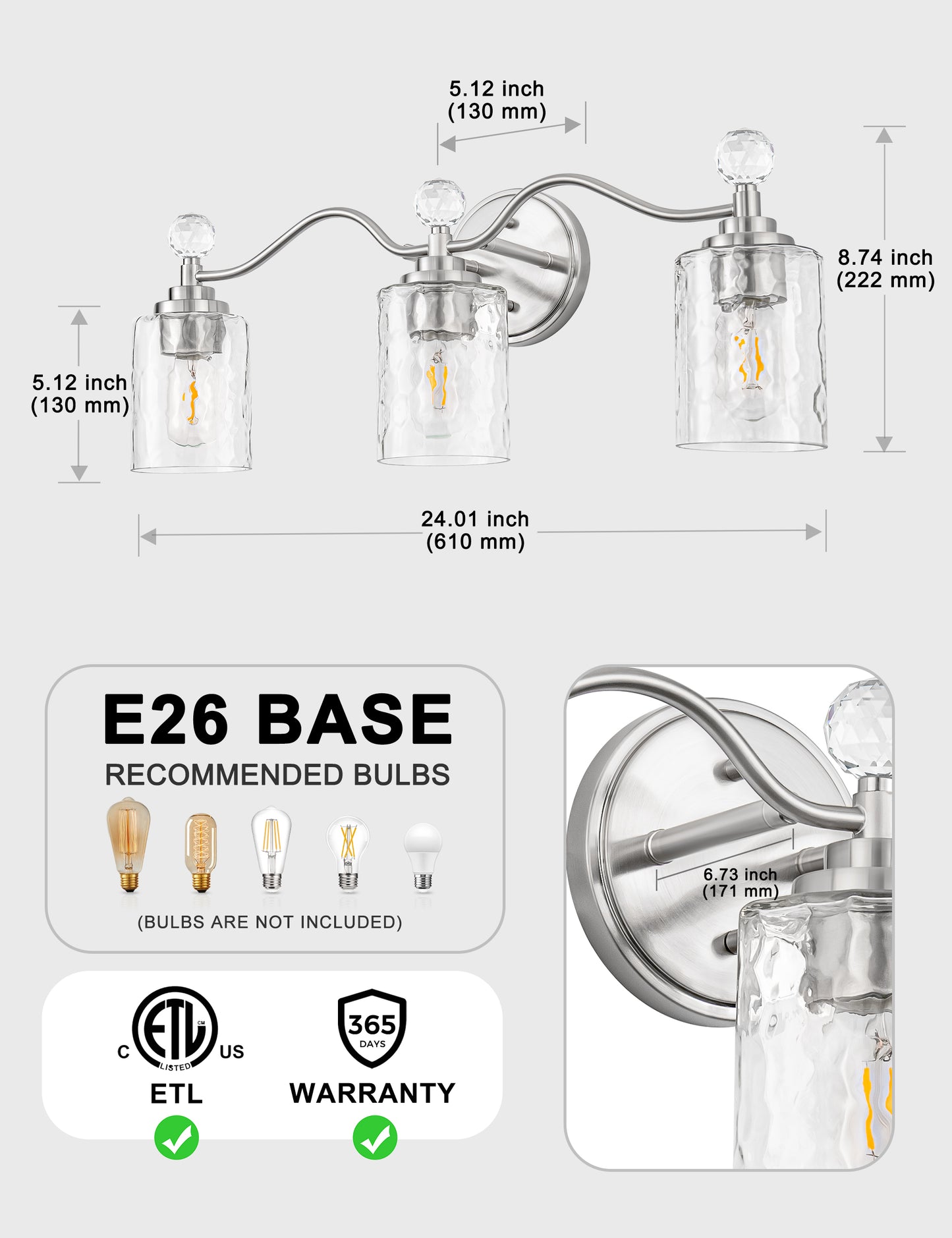 YANSUN 24 in. 3 Light Brushed Nickel Vanity Light with Cylinder Clear Glass Shades