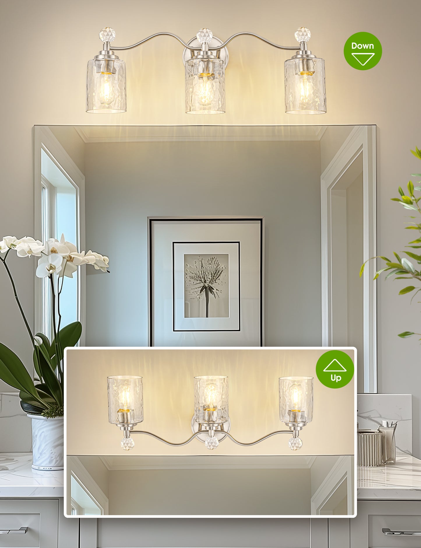 YANSUN 24 in. 3 Light Brushed Nickel Vanity Light with Cylinder Clear Glass Shades