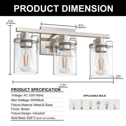 YANSUN 3-Light Vanity Light Wall Sconce in Satin Nickel with Straight Rod and Clear Glass Shades, E26 Base, No Bulbs Included