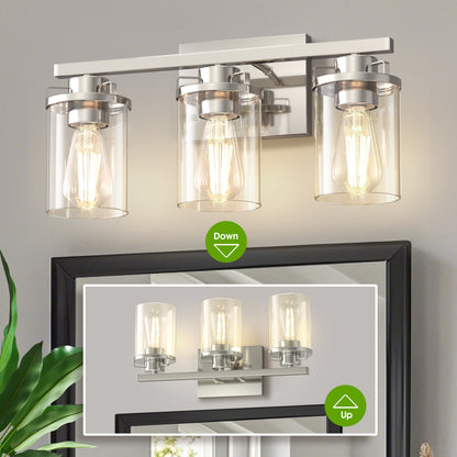 YANSUN 3-Light Vanity Light Wall Sconce in Satin Nickel with Straight Rod and Clear Glass Shades, E26 Base, No Bulbs Included