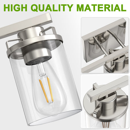 YANSUN 3-Light Vanity Light Wall Sconce in Satin Nickel with Straight Rod and Clear Glass Shades, E26 Base, No Bulbs Included