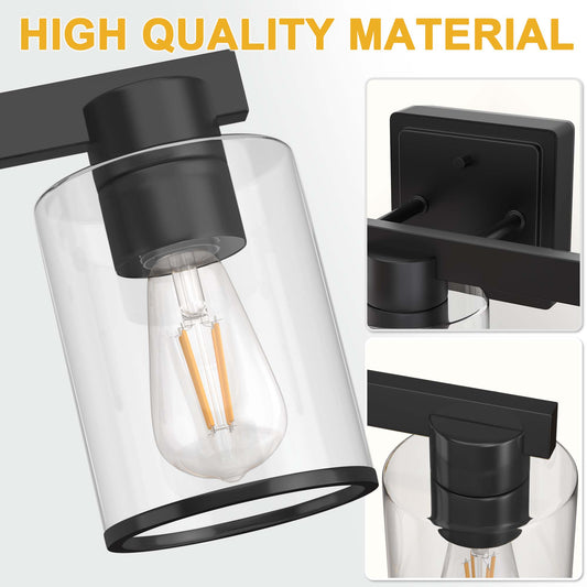 YANSUN 3-Light Industrial Bathroom Vanity Light Matte Black Glass Wall Fixture ETL Certified E26