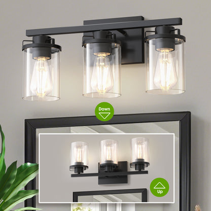 YANSUN 18 in. 3-Light Black Vanity Light with Cylinder Clear Glass Shade for Bathrooms Powder Rooms or Dressing Rooms
