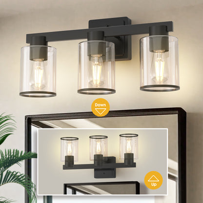 YANSUN 3-Light Industrial Bathroom Vanity Light Matte Black Glass Wall Fixture ETL Certified E26