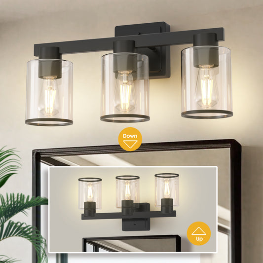 YANSUN 3-Light Industrial Bathroom Vanity Light Matte Black Glass Wall Fixture ETL Certified E26