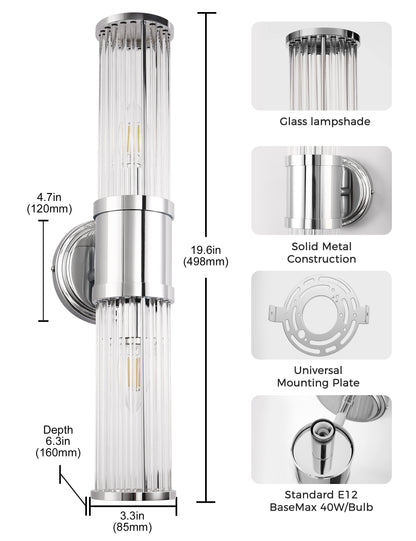 YANSUN 3 in. 2-Light Chrome Vanity Light Fixture with Sparkling Crystal Accents Versatile Bathroom Wall Sconce for Bathroom