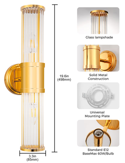 YANSUN 3 in. 2-Light Gold Vanity Light Fixture with Elegant Crystal Accents Bathroom Wall Sconce for Vanity