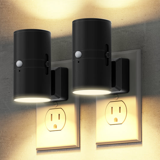 YANSUN 2-Pack 1W Black Cylindrical Wall Style Night Light with Motion Sensing and Slide Dimming