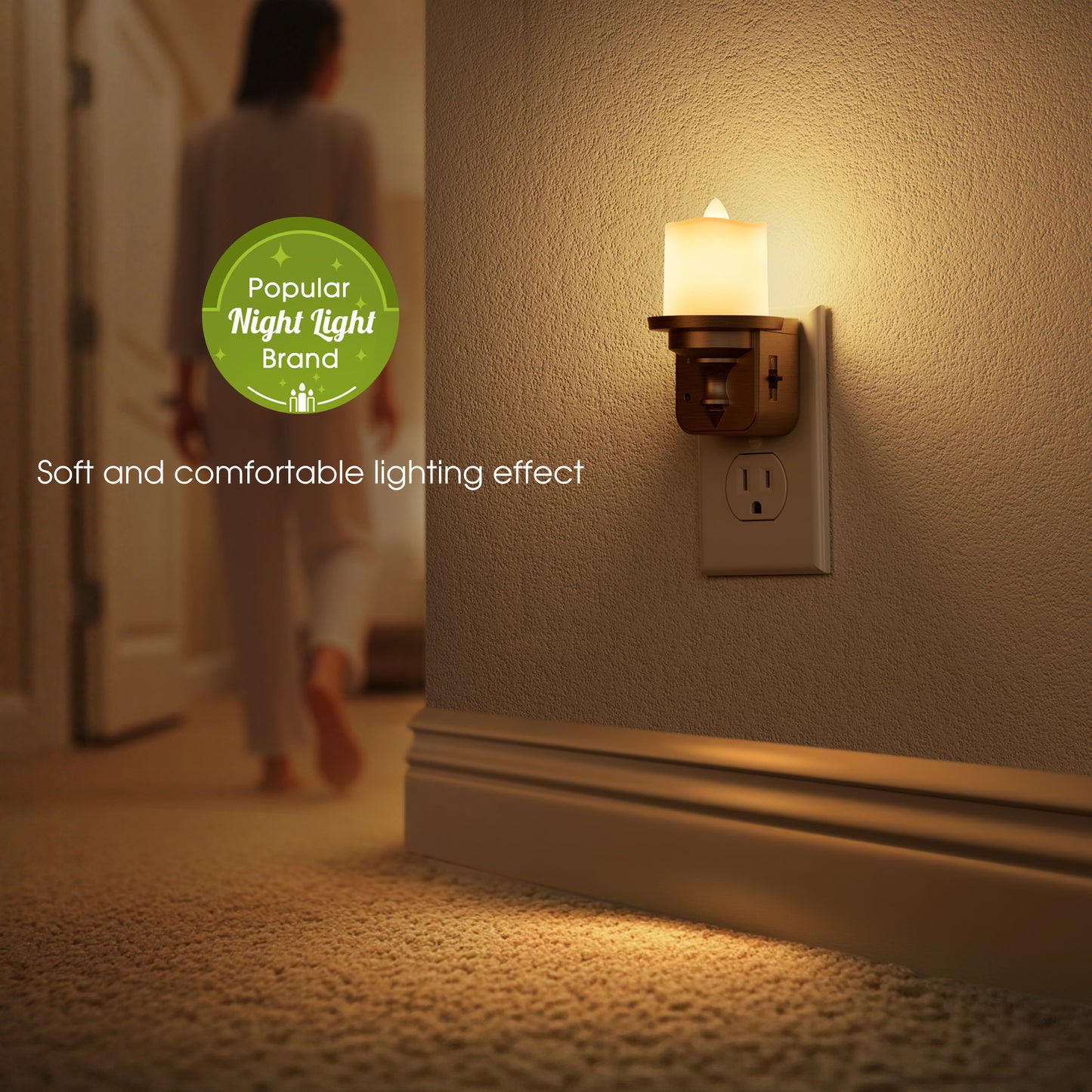 YANSUN 2-Pack 1W Plug-In Dusk to Dawn Candle Night Light, Warm 2700K LED, Wood-Grain Plastic Housing, Slide Dimmer, US 2-Prong Plug