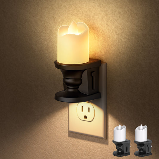 YANSUN 2W Integrated LED Plug-In Night Light, Black Slim Candle Drip, Warm 2700K, Flicker & Up/Down Beam, 2-Pack