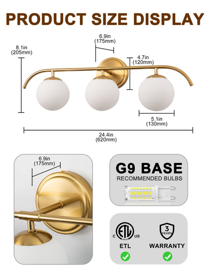 YANSUN 24 in. 3-Light Gold Vanity Light Fixture with Frosted Glass Globes Shade Wall Sconce for Vanity Mirror and Hallway