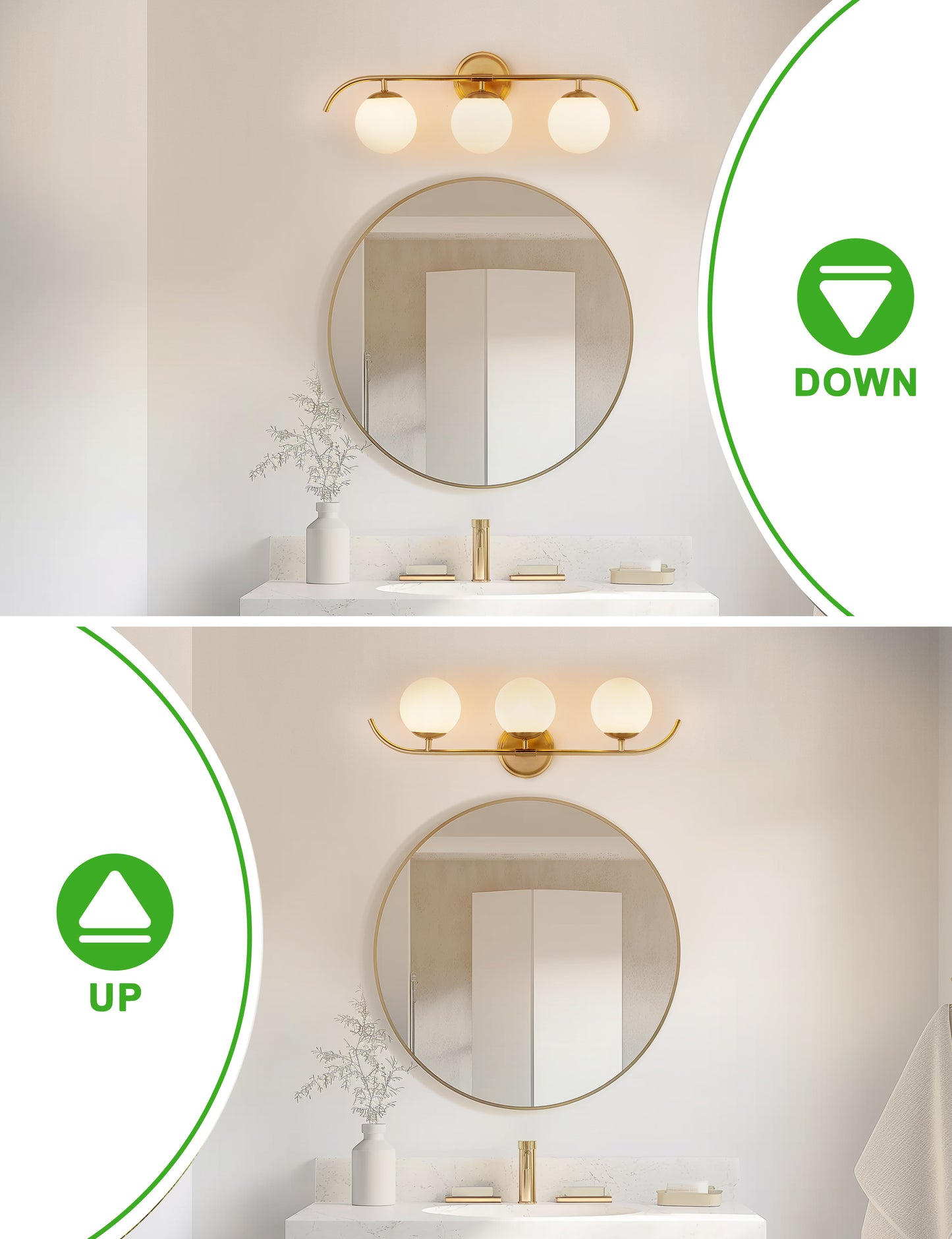 YANSUN 24 in. 3-Light Gold Vanity Light Fixture with Frosted Glass Globes Shade Wall Sconce for Vanity Mirror and Hallway