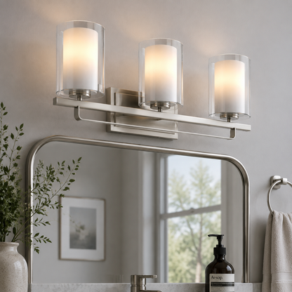 YANSUN 22 in. Brushed Nickel 3-Light Vanity Light with Clear Cylinder Glass Shade for Bathroom, Powder Room or Dressing Room