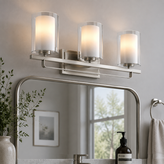YANSUN 22 in. Brushed Nickel 3-Light Vanity Light with Clear Cylinder Glass Shade for Bathroom, Powder Room or Dressing Room