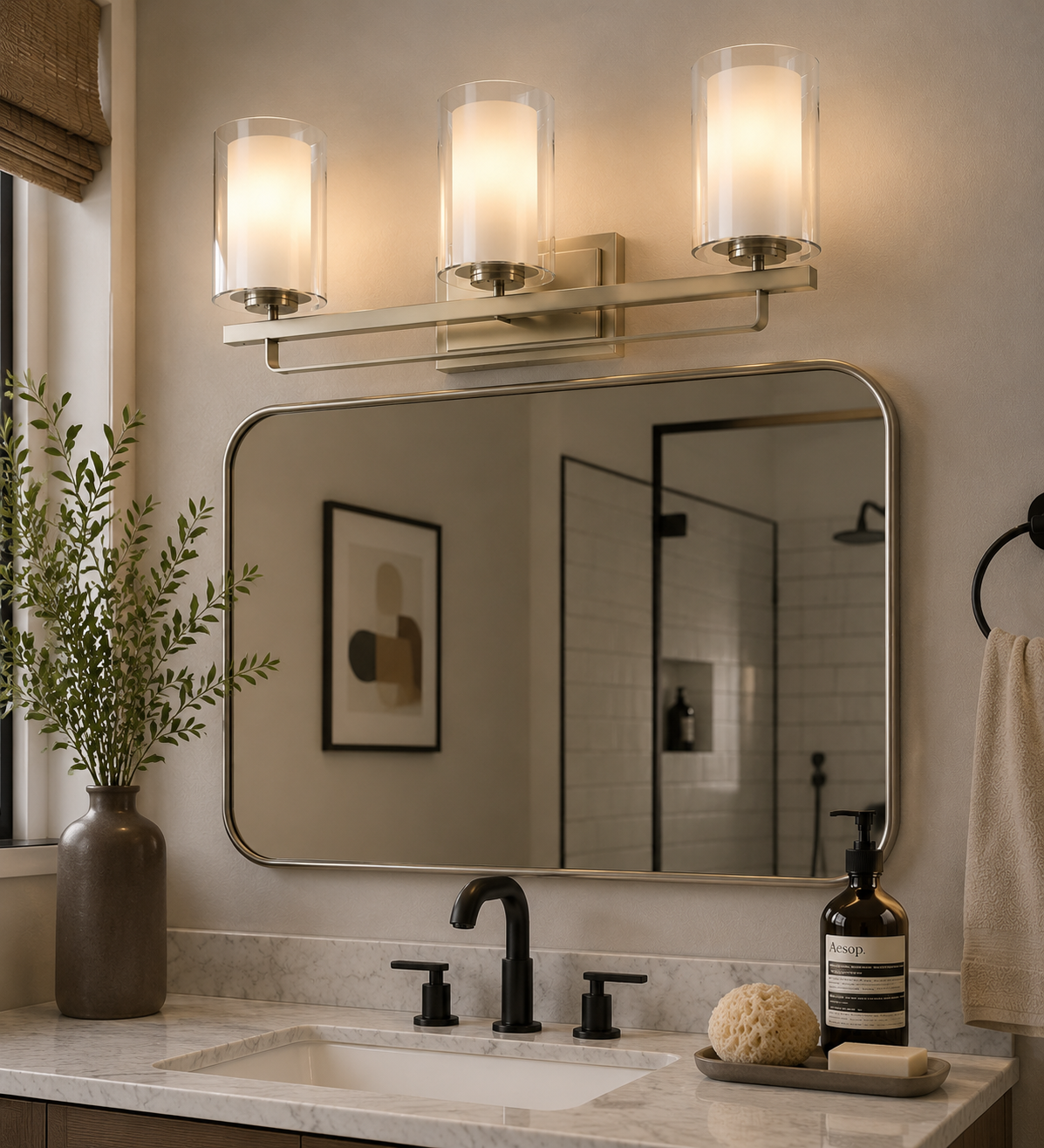 YANSUN 22 in. Brushed Nickel 3-Light Vanity Light with Clear Cylinder Glass Shade for Bathroom, Powder Room or Dressing Room