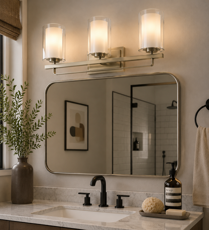 YANSUN 22 in. Brushed Nickel 3-Light Vanity Light with Clear Cylinder Glass Shade for Bathroom, Powder Room or Dressing Room