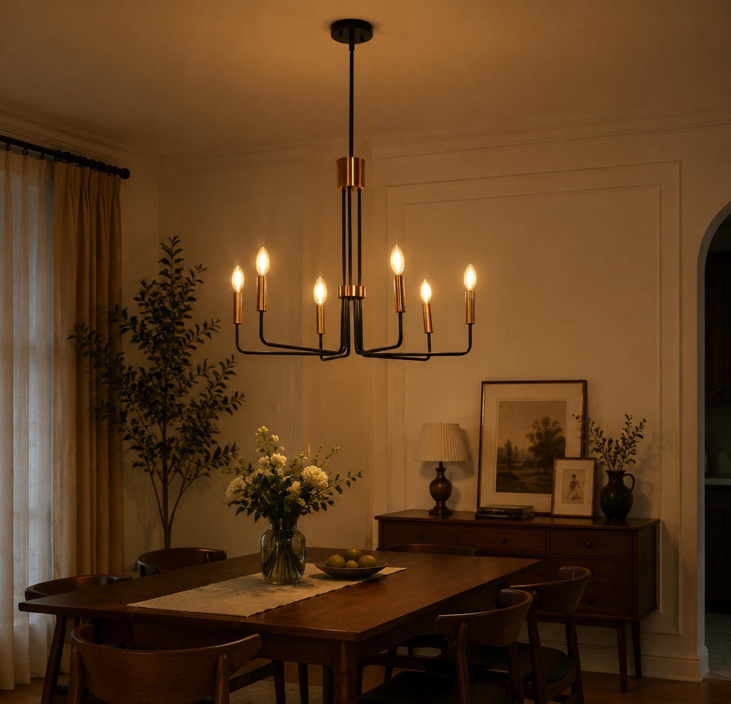 YANSUN 6-Light Black Gold Branch Chandelier ETL Certified Modern Ceiling Pendant Light E12