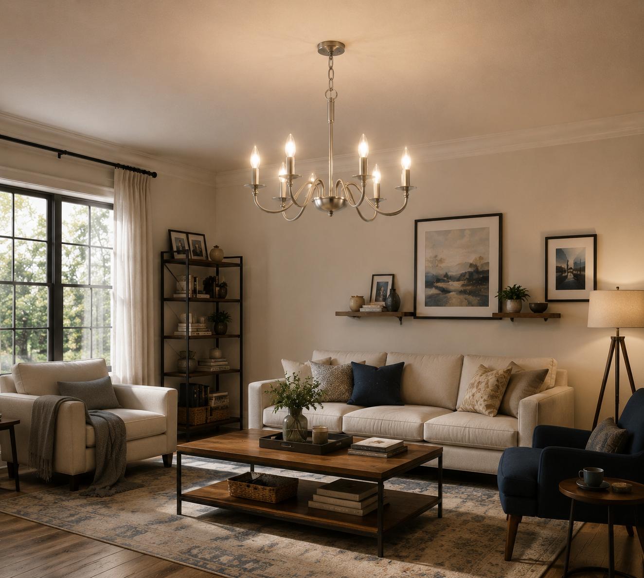 YANSUN 6-Light Nickel Branch Chandelier Modern Ceiling Pendant Light Fixture E12