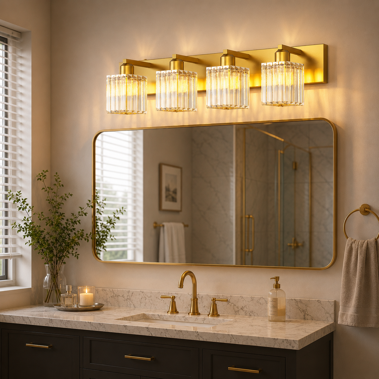 YANSUN 4-Light LED Bathroom Vanity Light Brass Finish Modern Mirror Light with Square Crystal Shades Integrated LED Wall Fixture