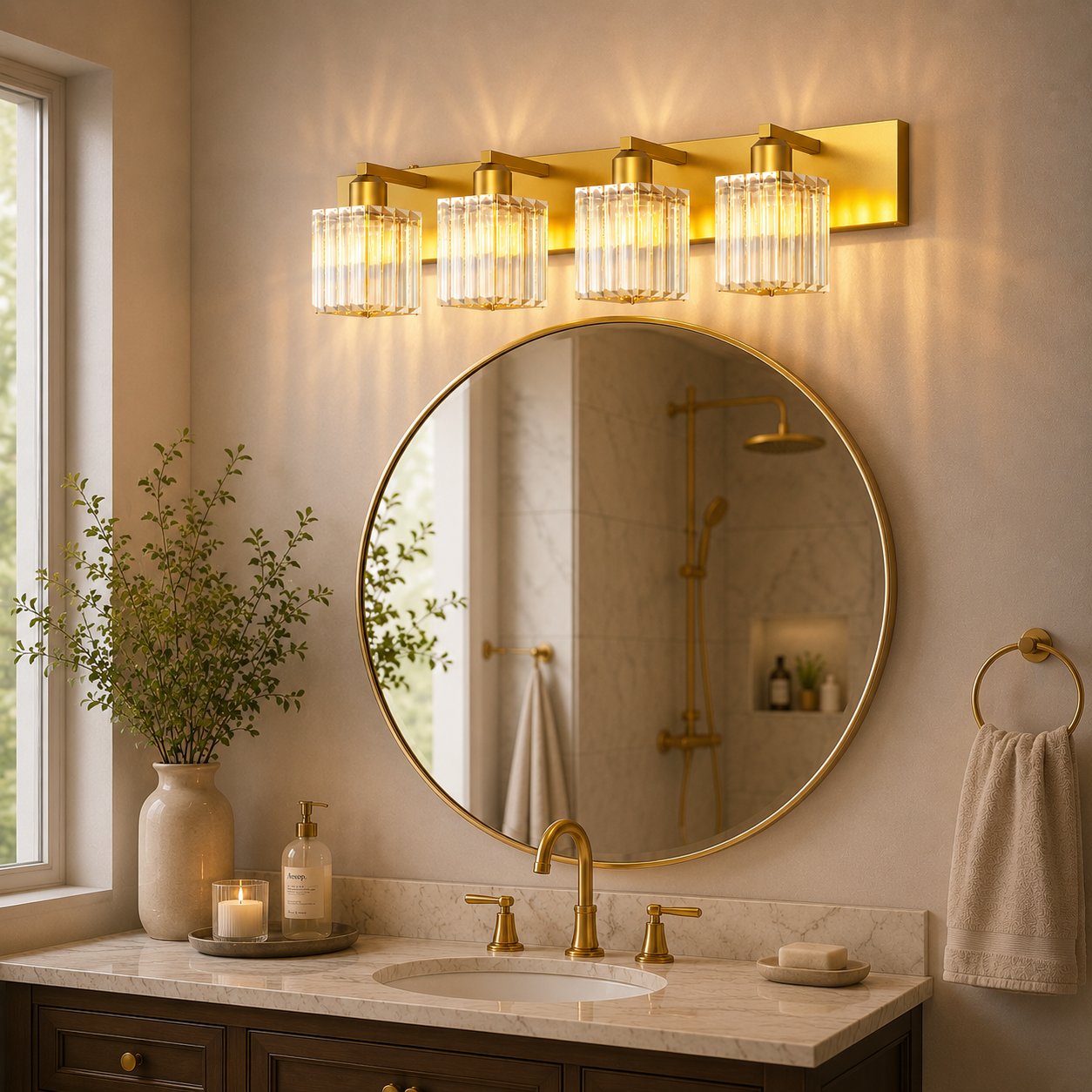 YANSUN 4-Light LED Bathroom Vanity Light Brass Finish Modern Mirror Light with Square Crystal Shades Integrated LED Wall Fixture