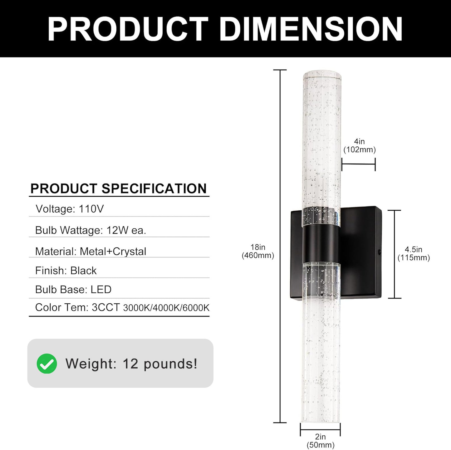 YANSUN 2-Light 18 in. Matte Black Modern Vanity Light Bar with Glass Bubble Shades and 3CCT Adjustable LED for Living Room