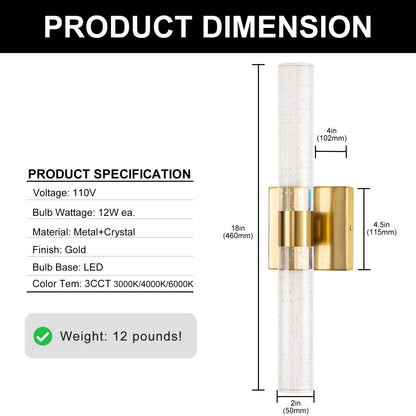 YANSUN 18 in. 2-Light Brushed Gold LED Vanity Light Bar and 3CCT Adjustable Function for Bathroom Living Room or Bedroom